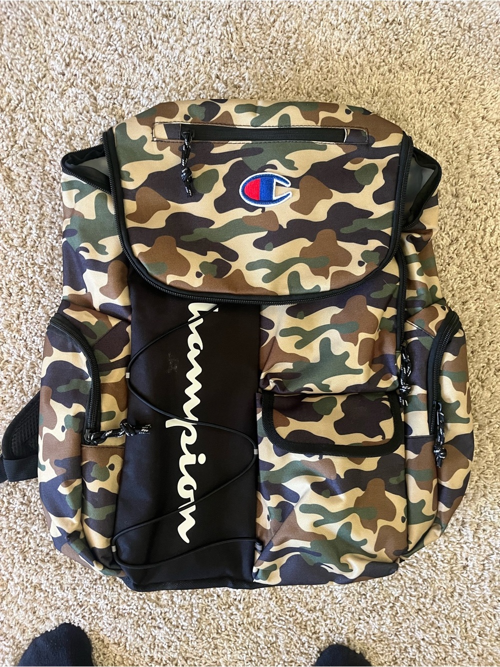 Champion Camo Backpack With Black Bottom Padded Straps & Large Front Pocket EUC